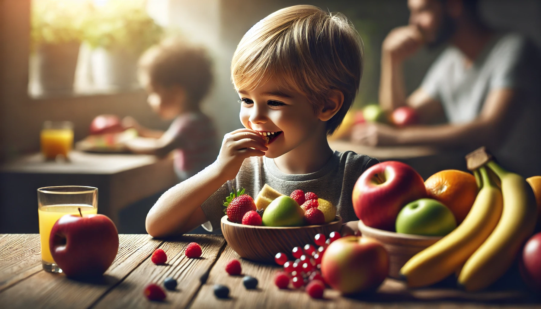 The child, seated at a wooden table, is smiling and enjoying food as he takes a bite from a piece of colorful fruit such as an apple useful for his health.