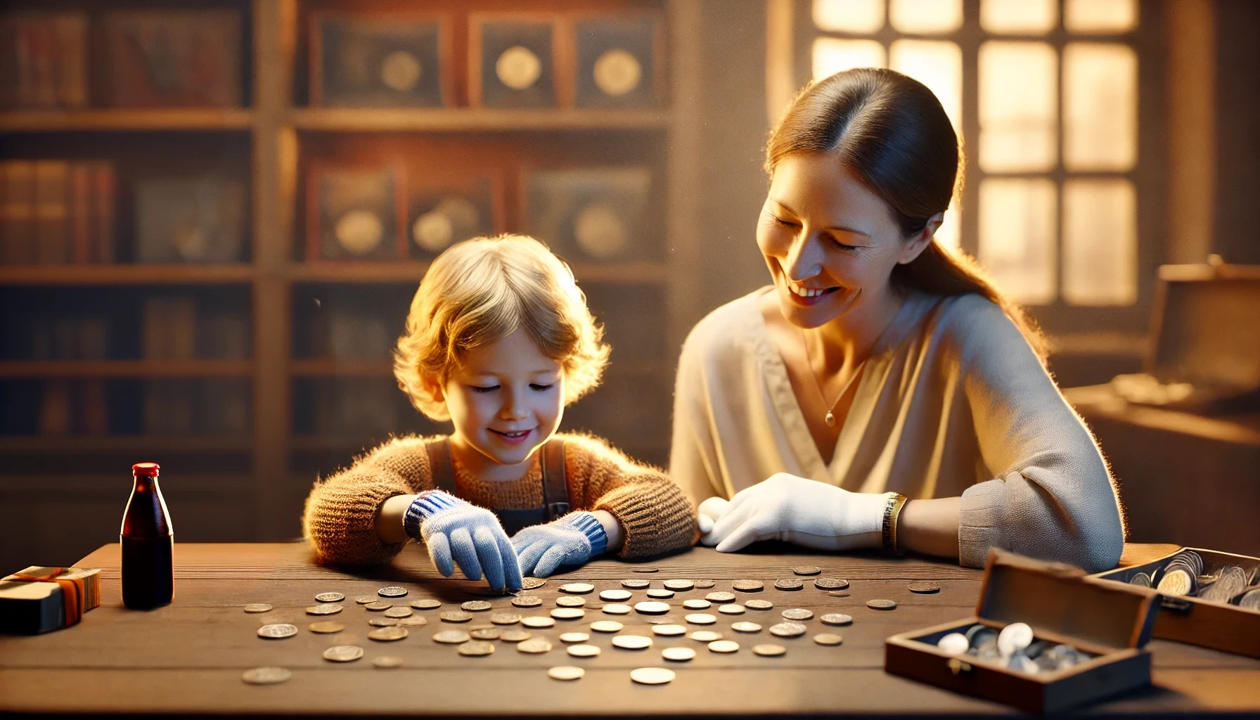 A child is wearing gloves and carefully sorting through a collection of coins on a wooden table. Next to the child, the mother sits, smiling and watching, offering some explanations and recommendations.