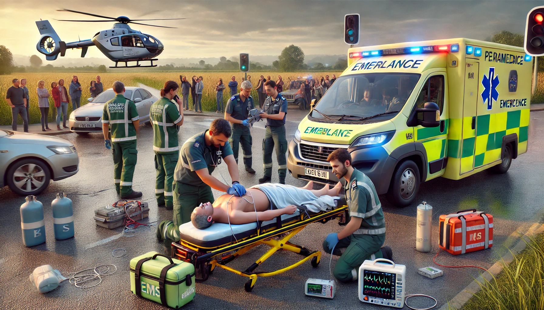 an EMS team performing CPR on a patient during an emergency at a busy urban intersection.