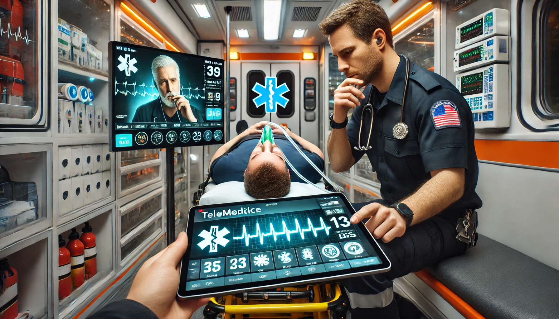 a paramedic consulting with a medical specialist via a tablet during a telemedicine-assisted emergency response.