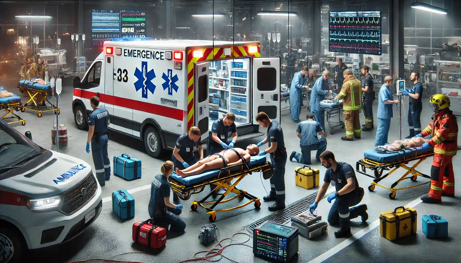 an Advanced Emergency Medical Team in action at a roadside accident scene. The team is using advanced equipment such as a portable defibrillator and administering intravenous therapy.