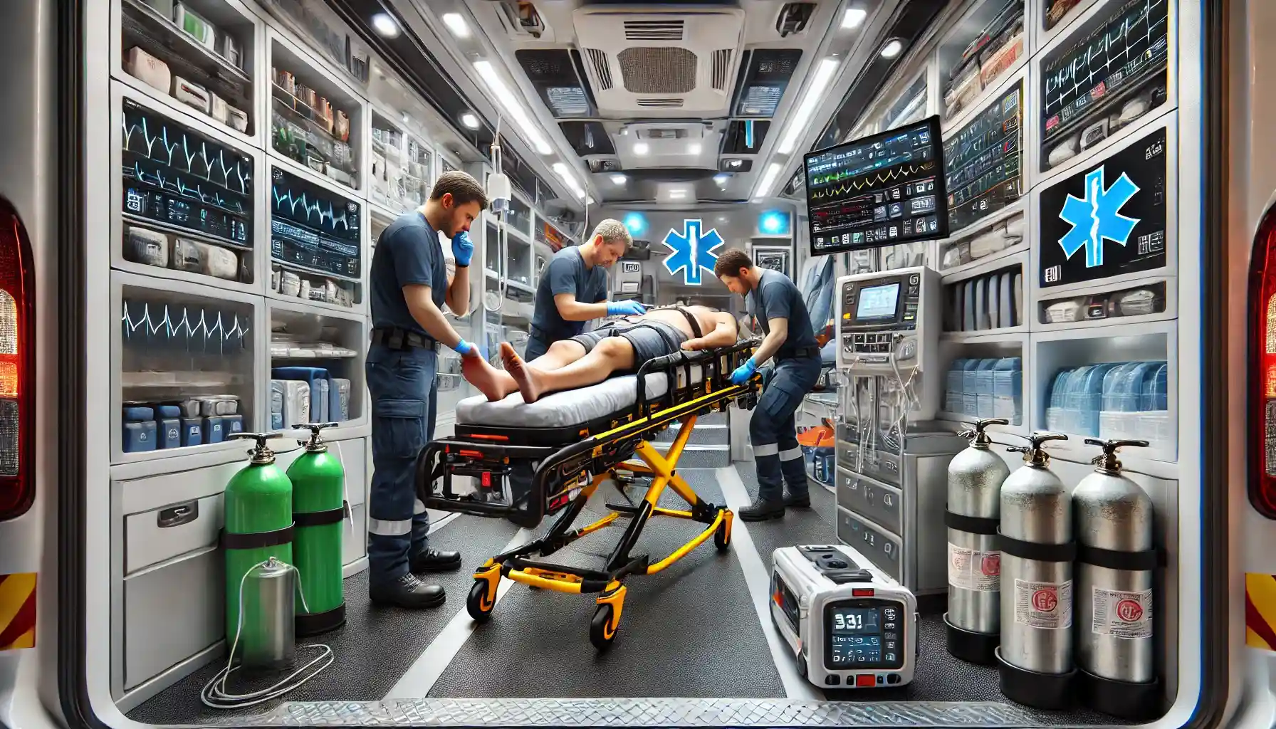 a high-tech ambulance interior showcasing Advanced Emergency Medical Team equipment.