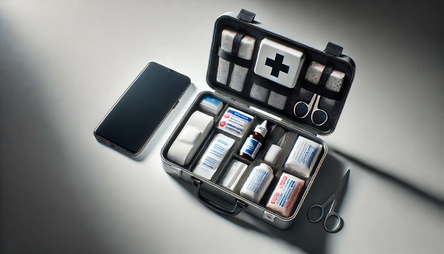 A first aid kit, open to reveal various medical supplies, is placed next to a smartphone with a plain dark display on a clean, well-lit surface.