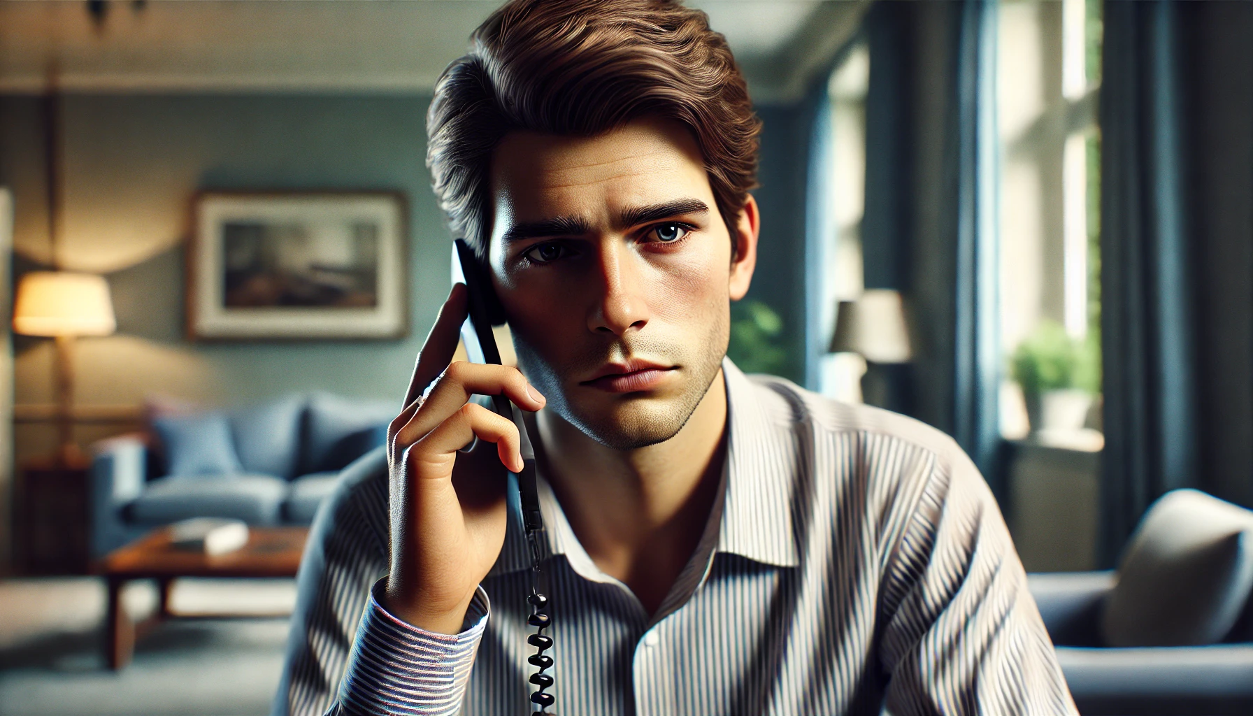 A person with a serious and concerned expression is seated in a well-lit room, intently talking on the phone, with subtle background details of a typical living or office space.