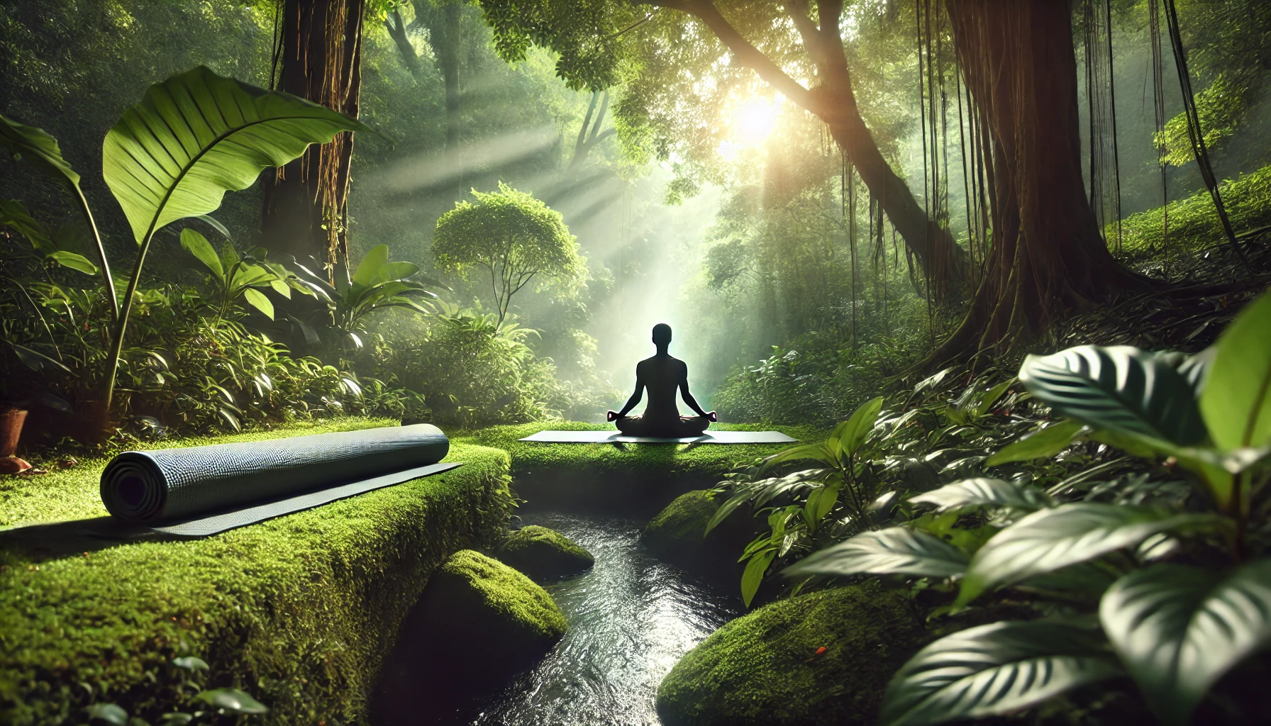 A serene environment with a person practicing yoga on a mat outdoors, surrounded by lush greenery.