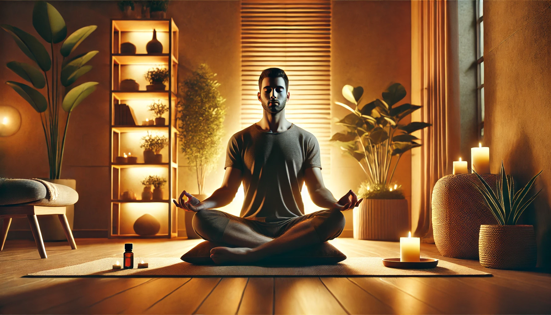 a person engaging in mindful meditation indoors. The setting is a cozy, dimly lit room with warm tones.