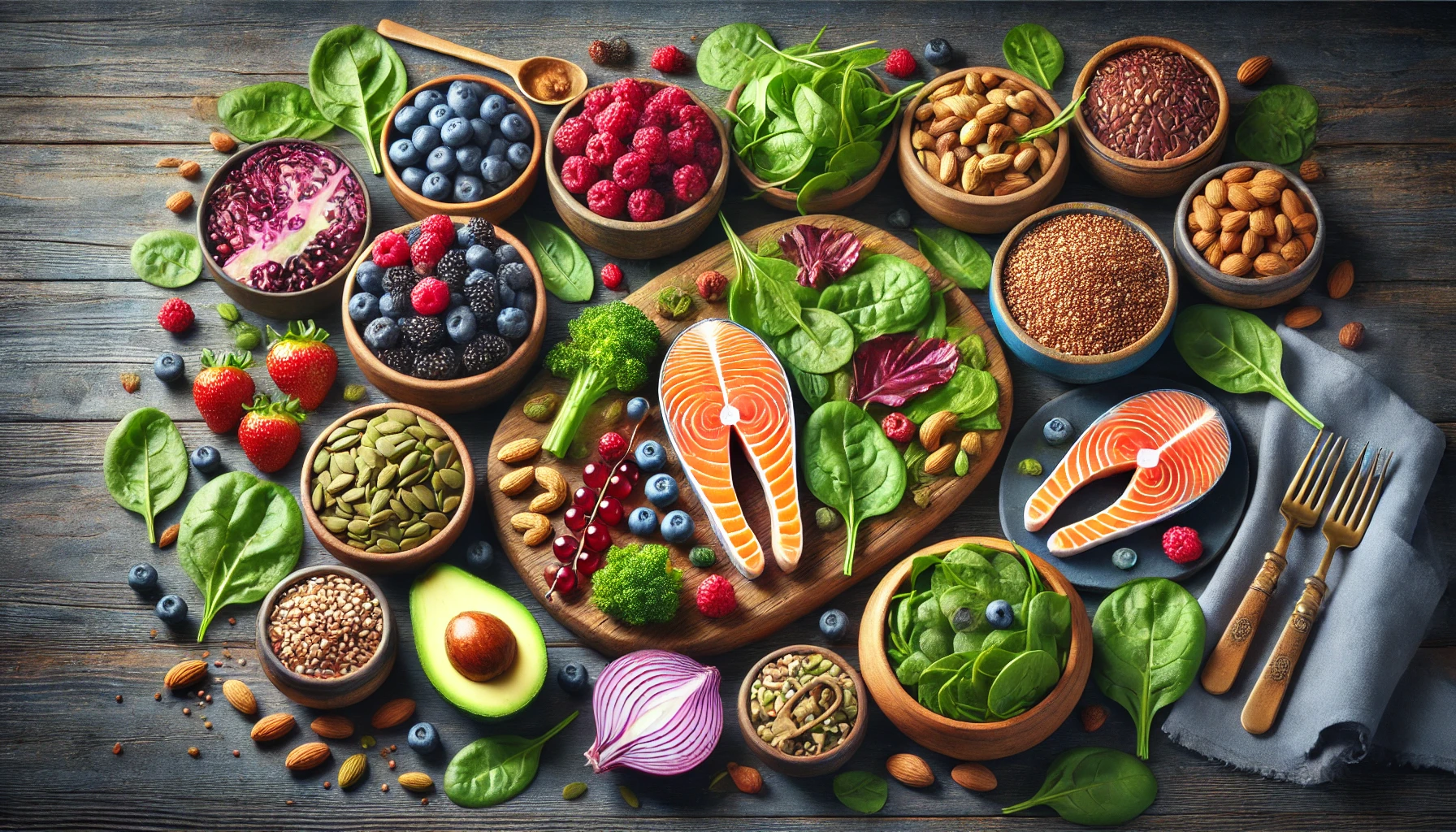 a vibrant, colorful spread of superfoods on a wooden table.