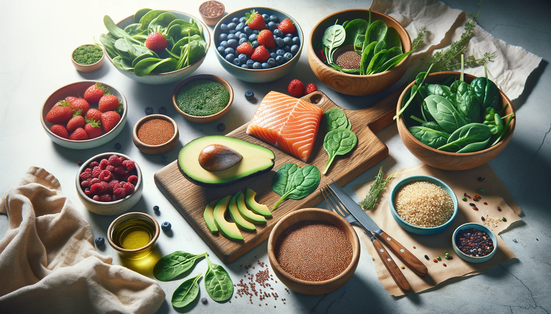 a variety of superfoods prepared in a kitchen setting. The foods include a wooden board with sliced avocado, a small dish of quinoa, a bowl of mixed berries, a plate of leafy greens (like spinach and kale), and a piece of grilled salmon.