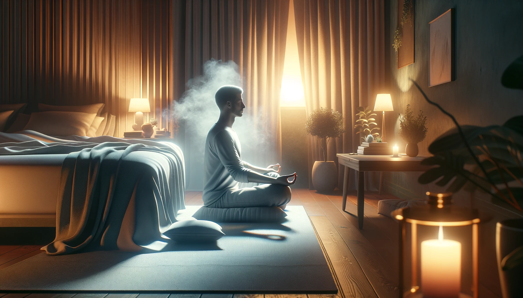 a person practicing deep breathing exercises or mindfulness meditation before bed.