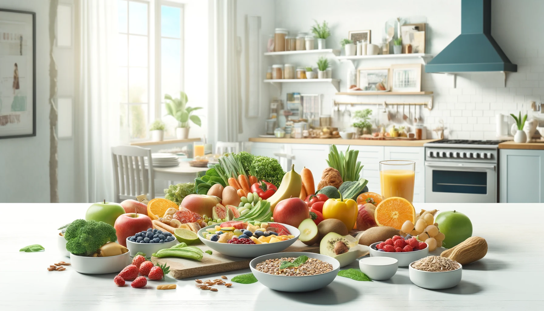 A photorealistic image of a healthy and colorful meal for children, featuring a balanced diet with a variety of fruits, vegetables, whole grains, proteins, and dairy products, arranged on a table in a bright and inviting kitchen setting.