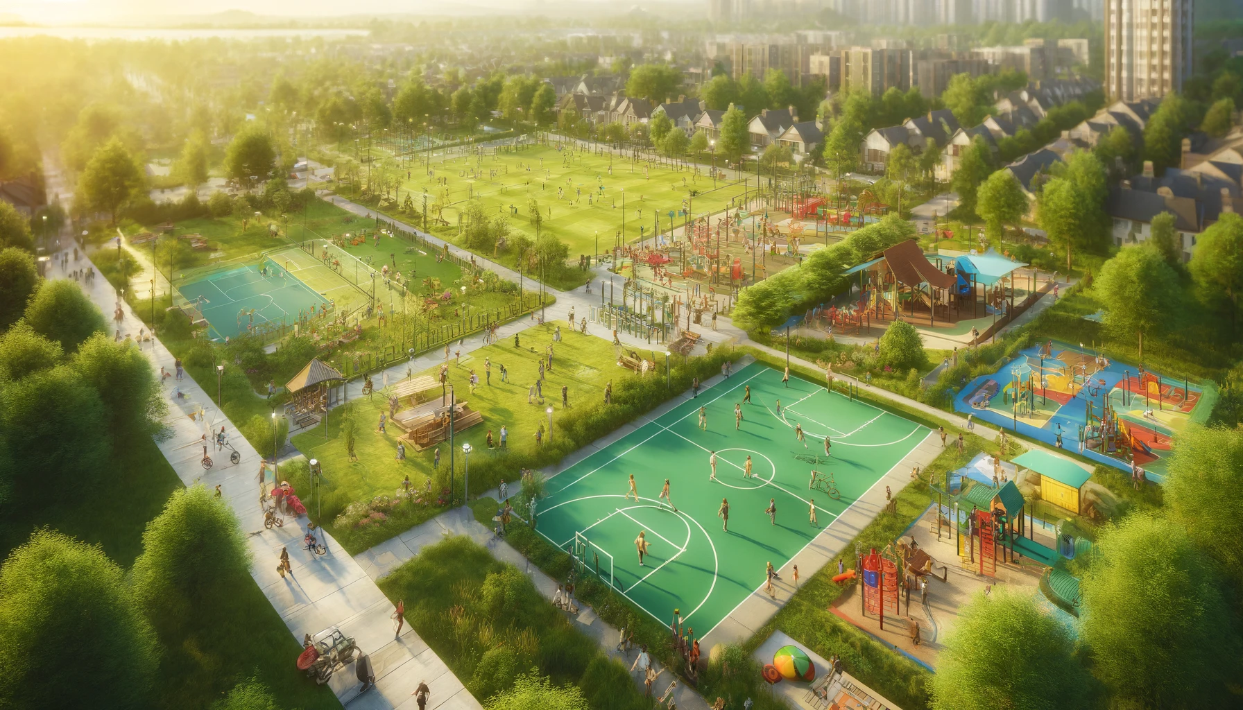 A photorealistic image of a vibrant community park in Rochester with various physical activities for children and teenagers.