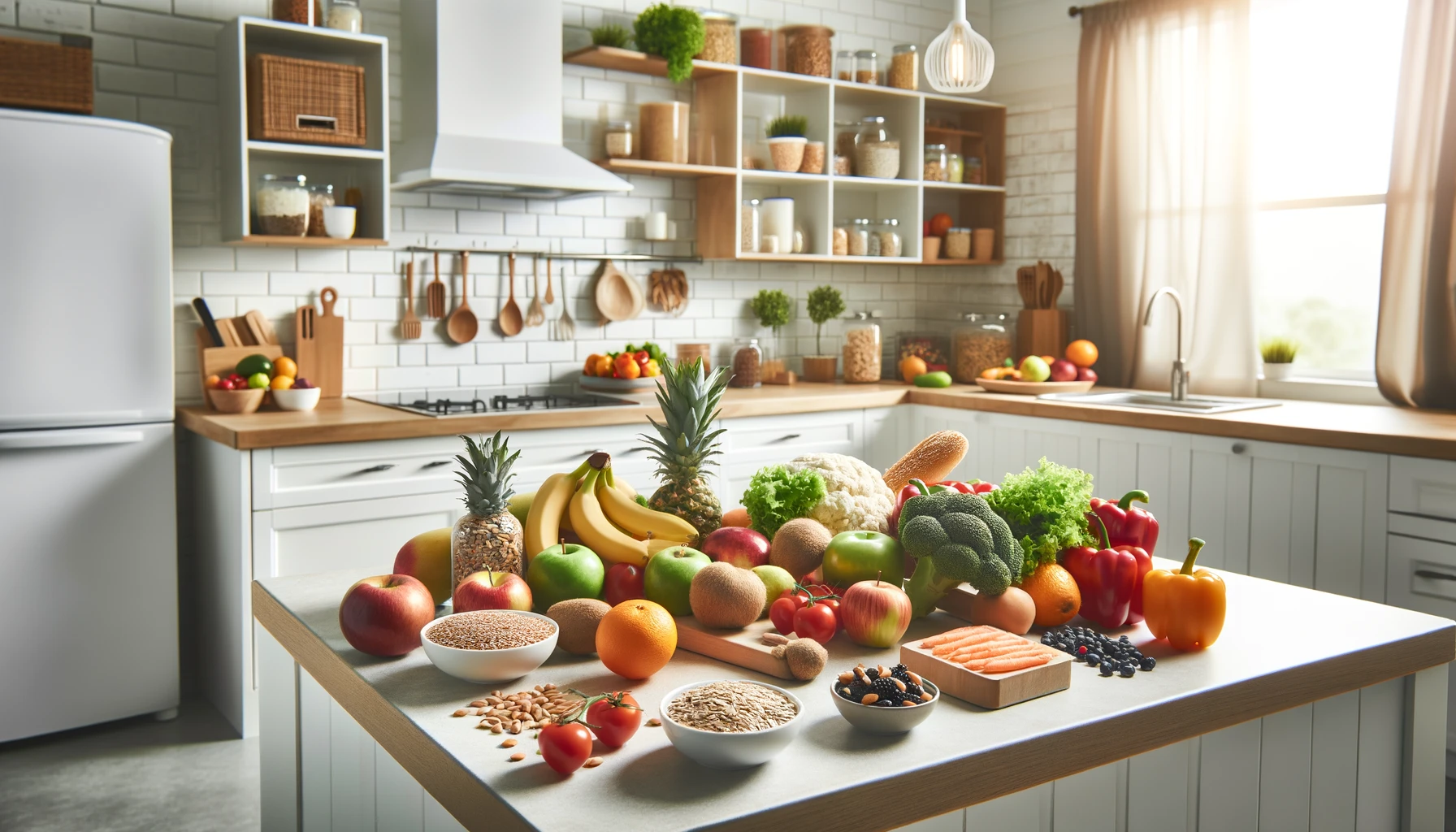 A modern kitchen setup with fresh fruits, vegetables, whole grains, and lean proteins on a clean countertop.