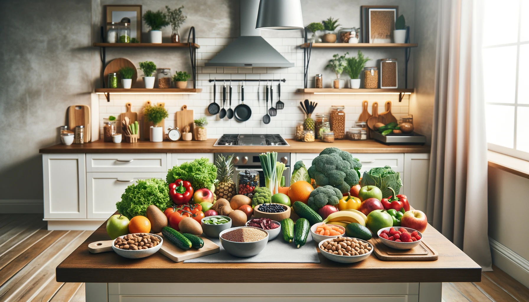 A home kitchen with a focus on meal prep, showcasing a variety of fresh vegetables, fruits, whole grains, and lean proteins organized on a spacious countertop.
