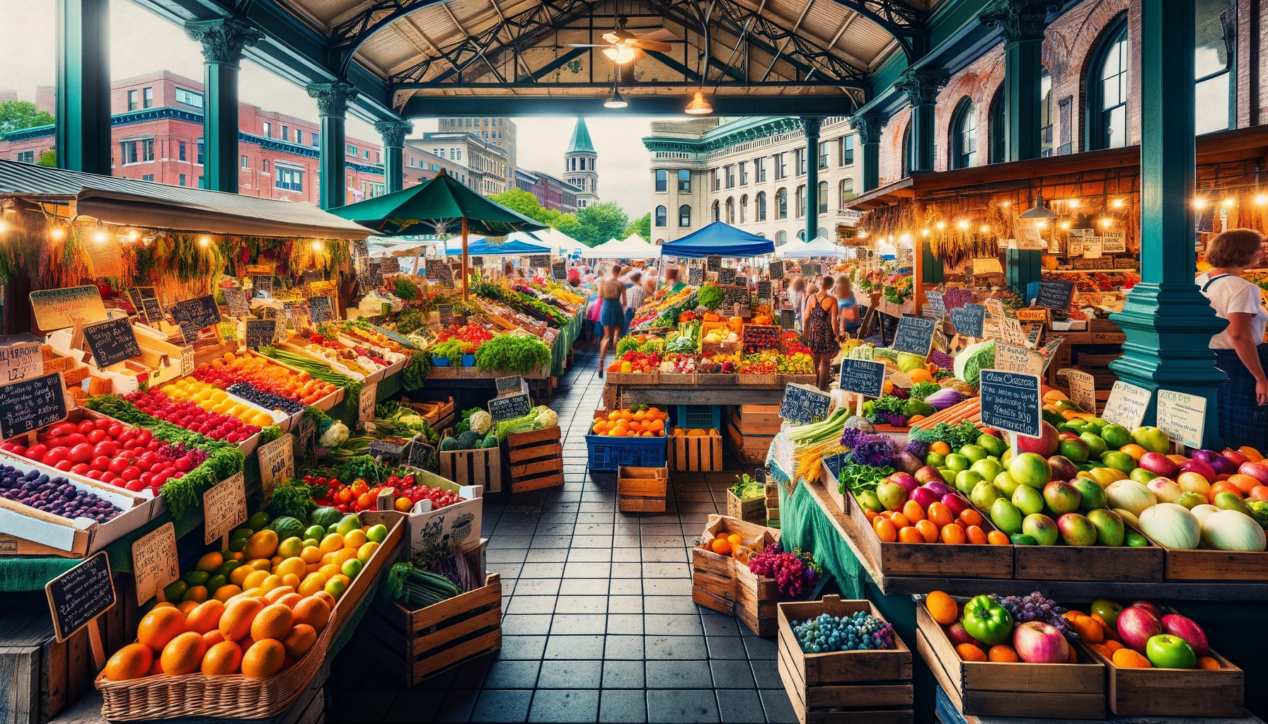 A vibrant farmer's market scene in Rochester, filled with colorful, fresh fruits and vegetables, and various artisanal products displayed on wooden stalls.