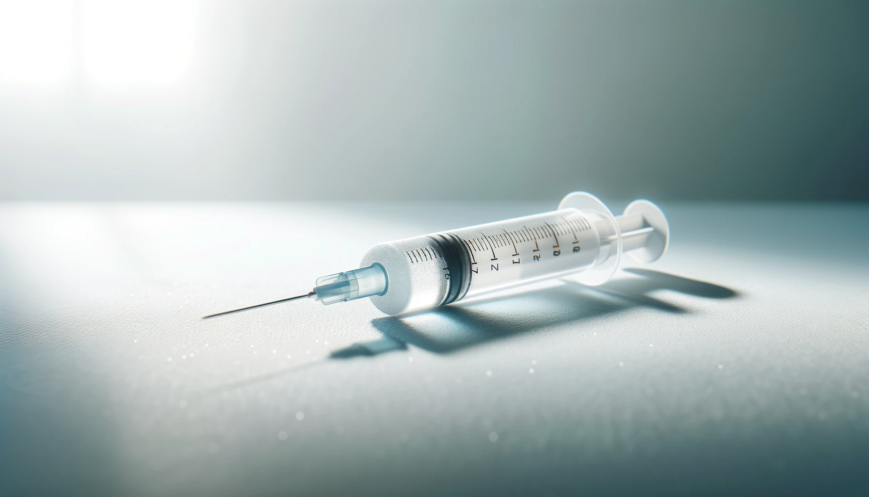 A close-up image of a medical syringe filled with a vaccine, placed on a clean, sterile surface. 