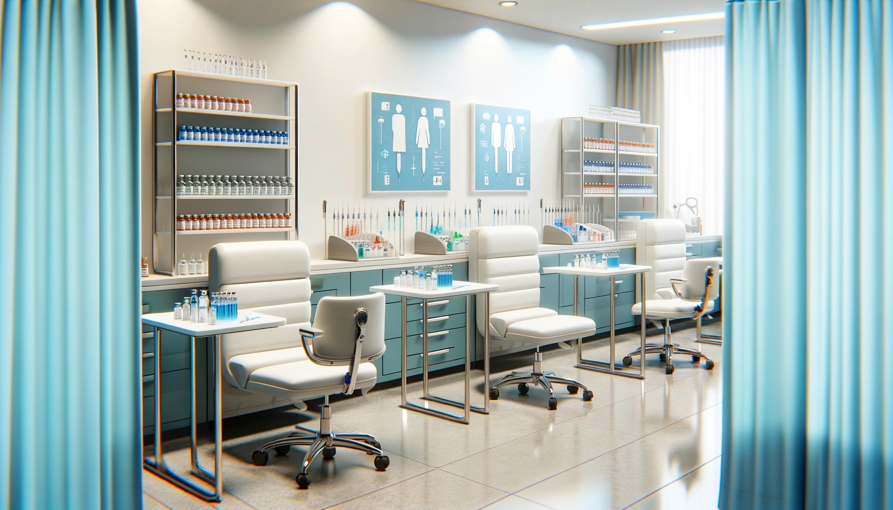 A modern immunization clinic with clean, well-organized stations featuring syringes and vaccine vials. 