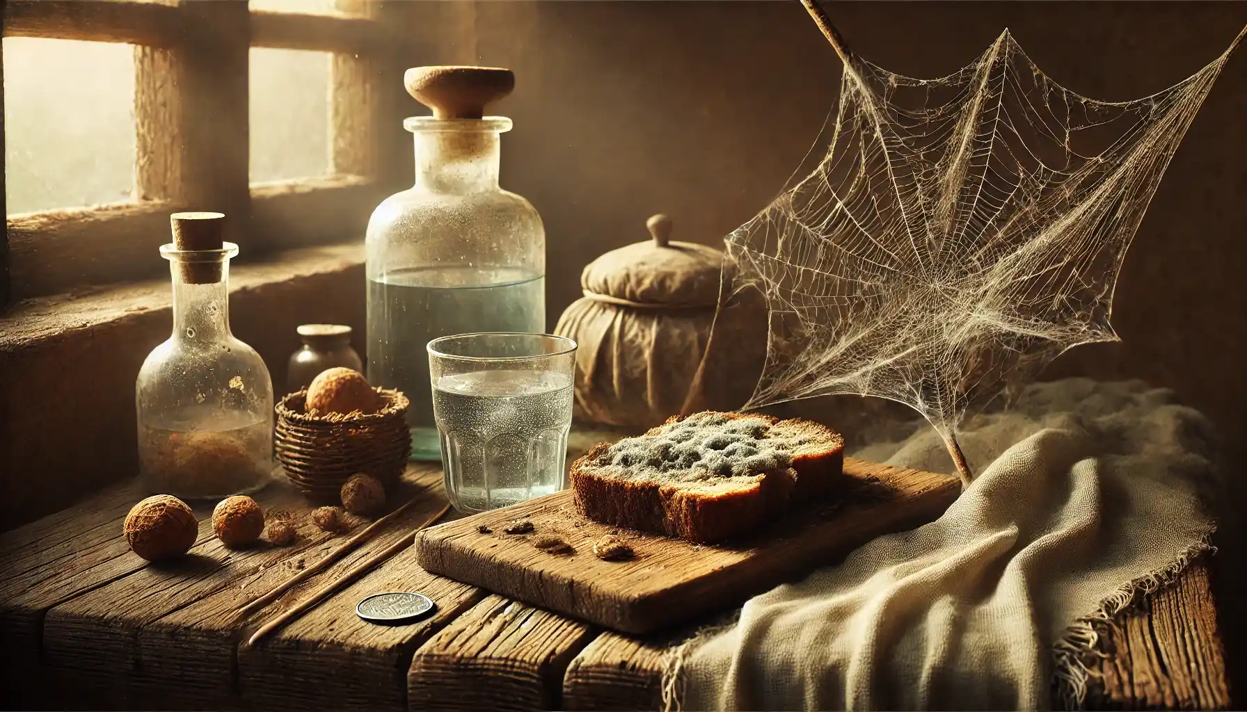An antique wooden table with various historical folk medicine items: an old silver coin placed near a glass of water, a piece of moldy bread on a cloth, a spider web stretched between wooden sticks.