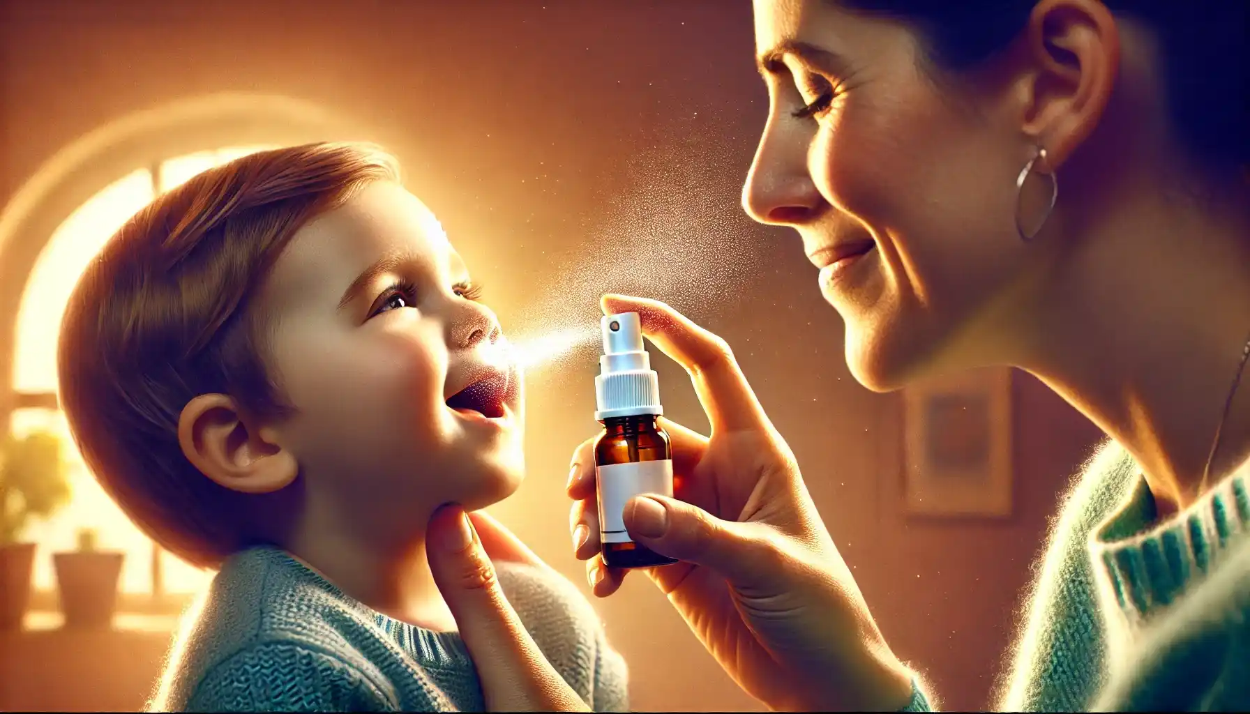 A mother opts for modern medicine and uses a reliable throat spray to treat her young child.