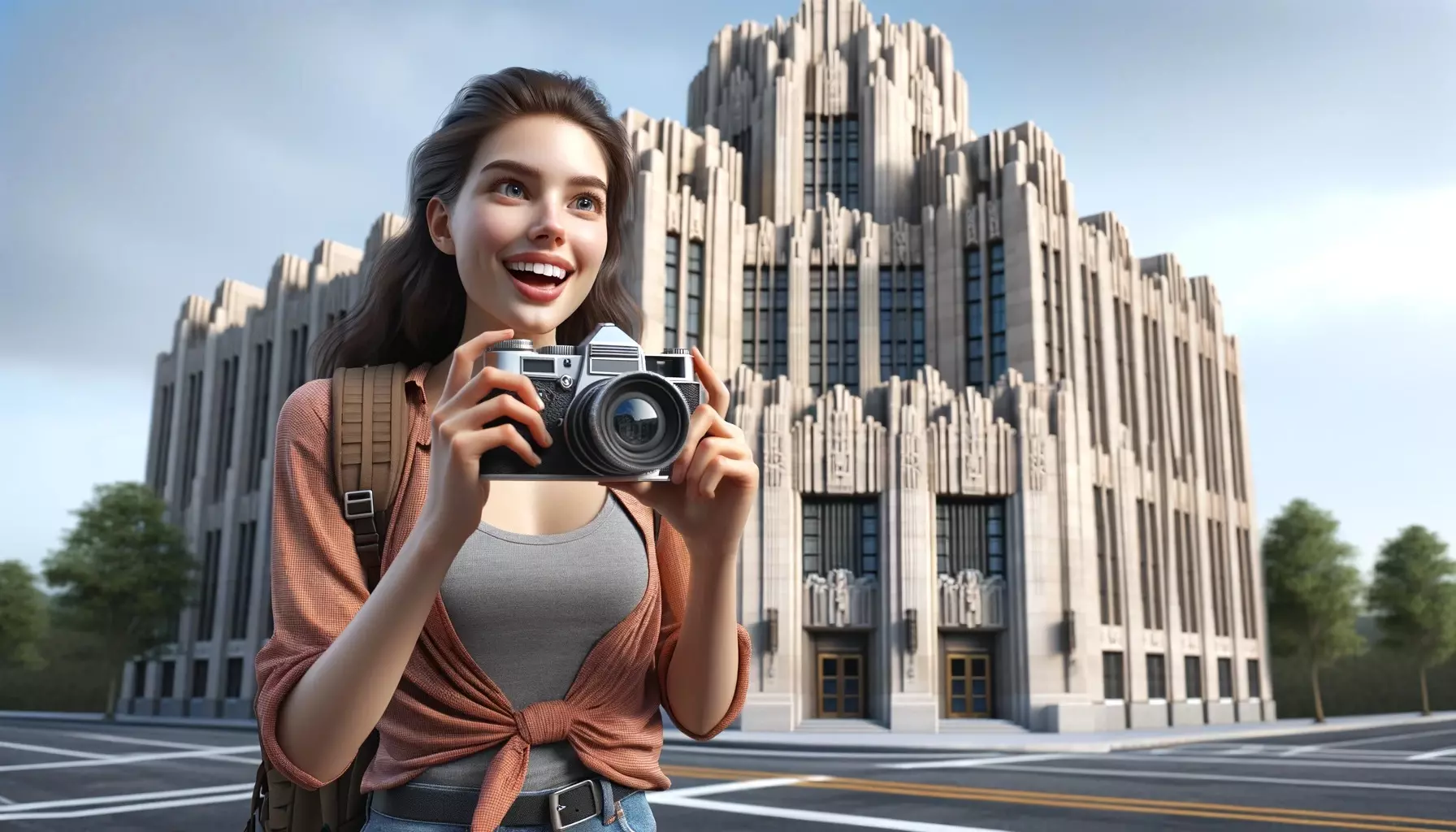 A young female tourist taking a photograph. She is dressed in casual tourist attire, holding a camera and looking excited. The Art Deco building in the background is ornate and impressive, with distinctive architectural features.