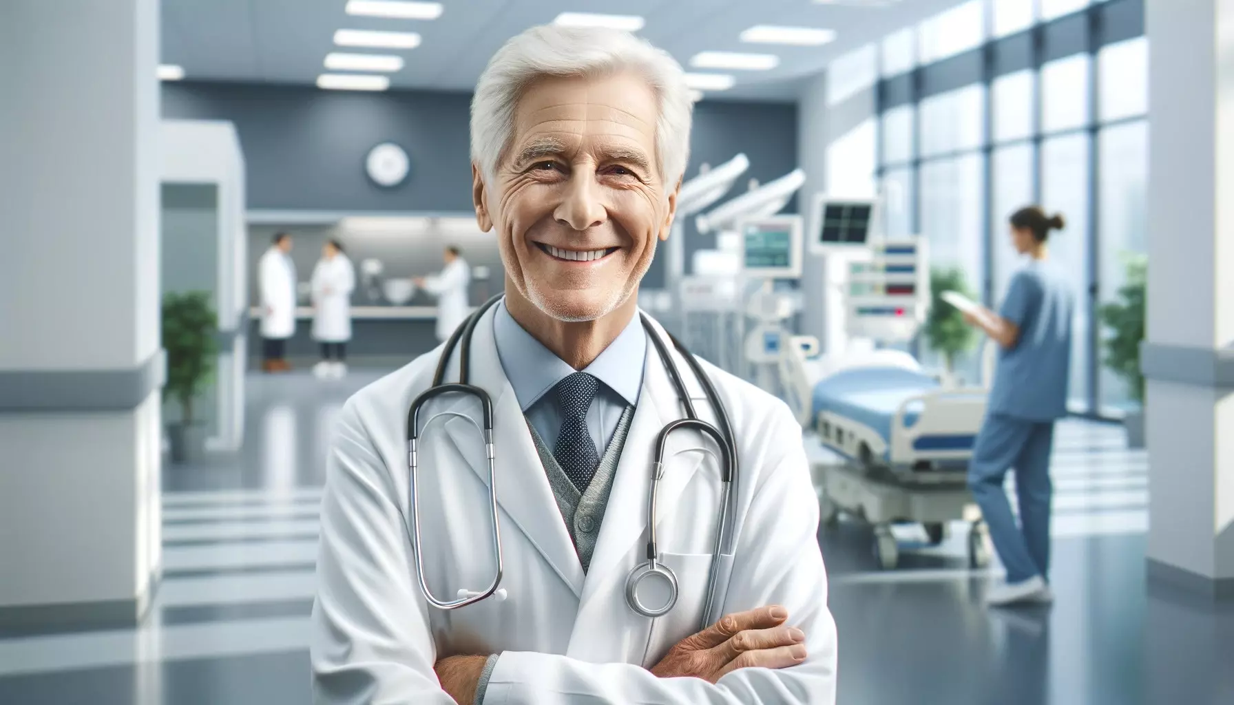 An elderly male doctor smiling, standing in a hospital setting. He is wearing a white coat and has a friendly, professional demeanor. The hospital background is modern and clean, with medical equipment visible.