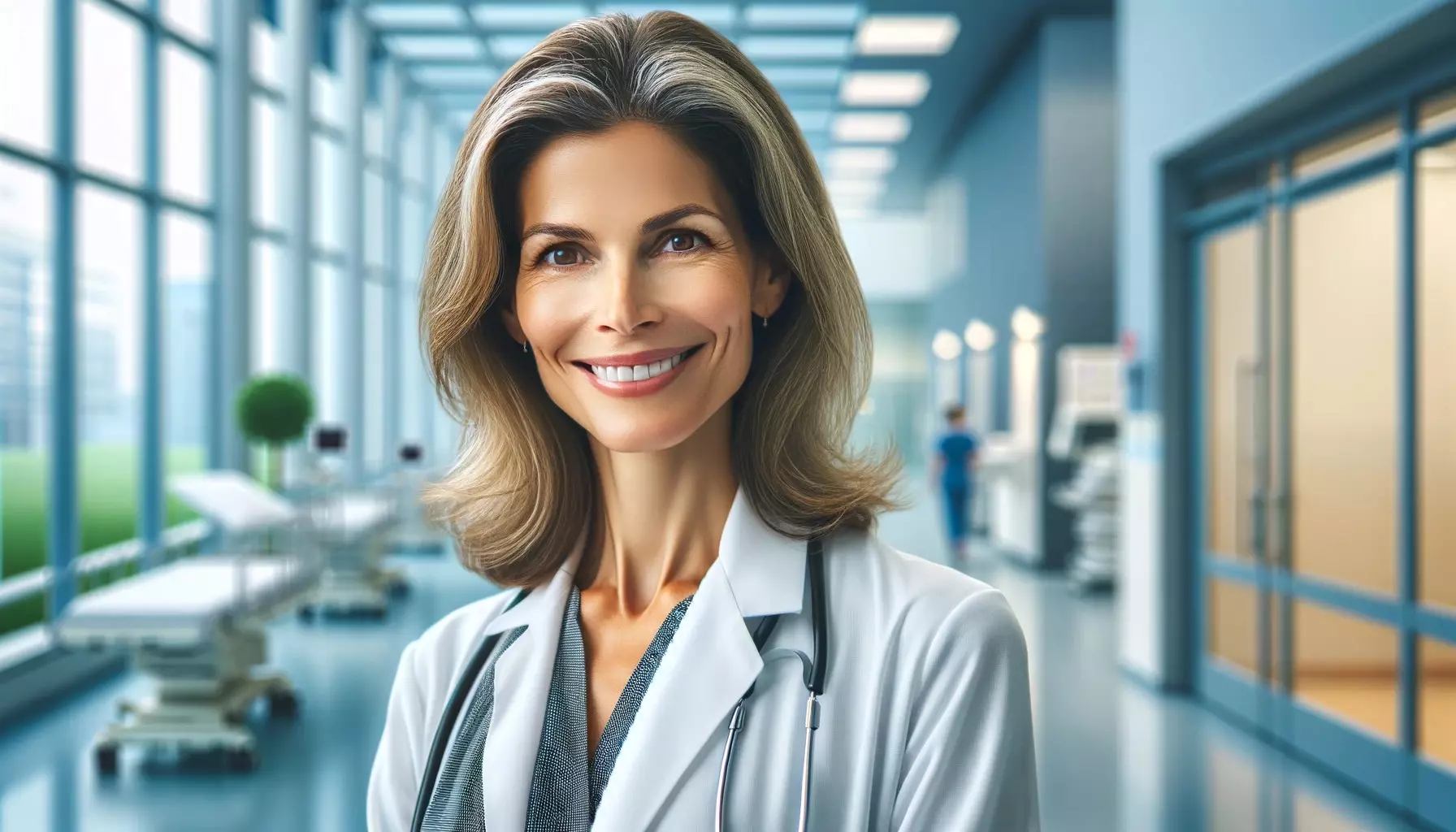  A smiling middle-aged female doctor with short blonde hair standing in a hospital. She is wearing a white coat and has a friendly and professional demeanor. The hospital background is clean, with medical equipment and a hospital corridor visible.