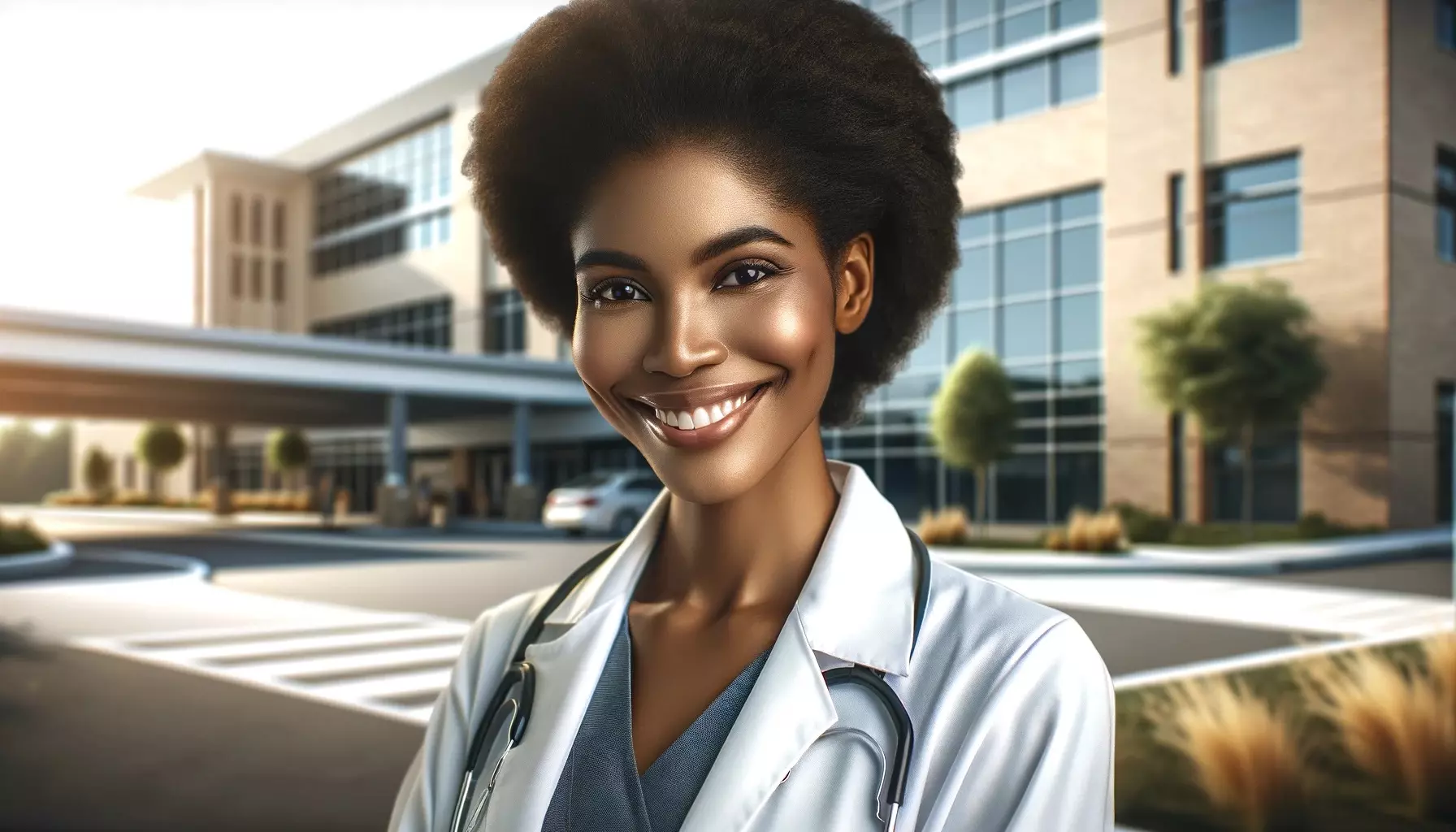 A smiling middle-aged African-American female doctor with short curly hair standing in front of a hospital building.