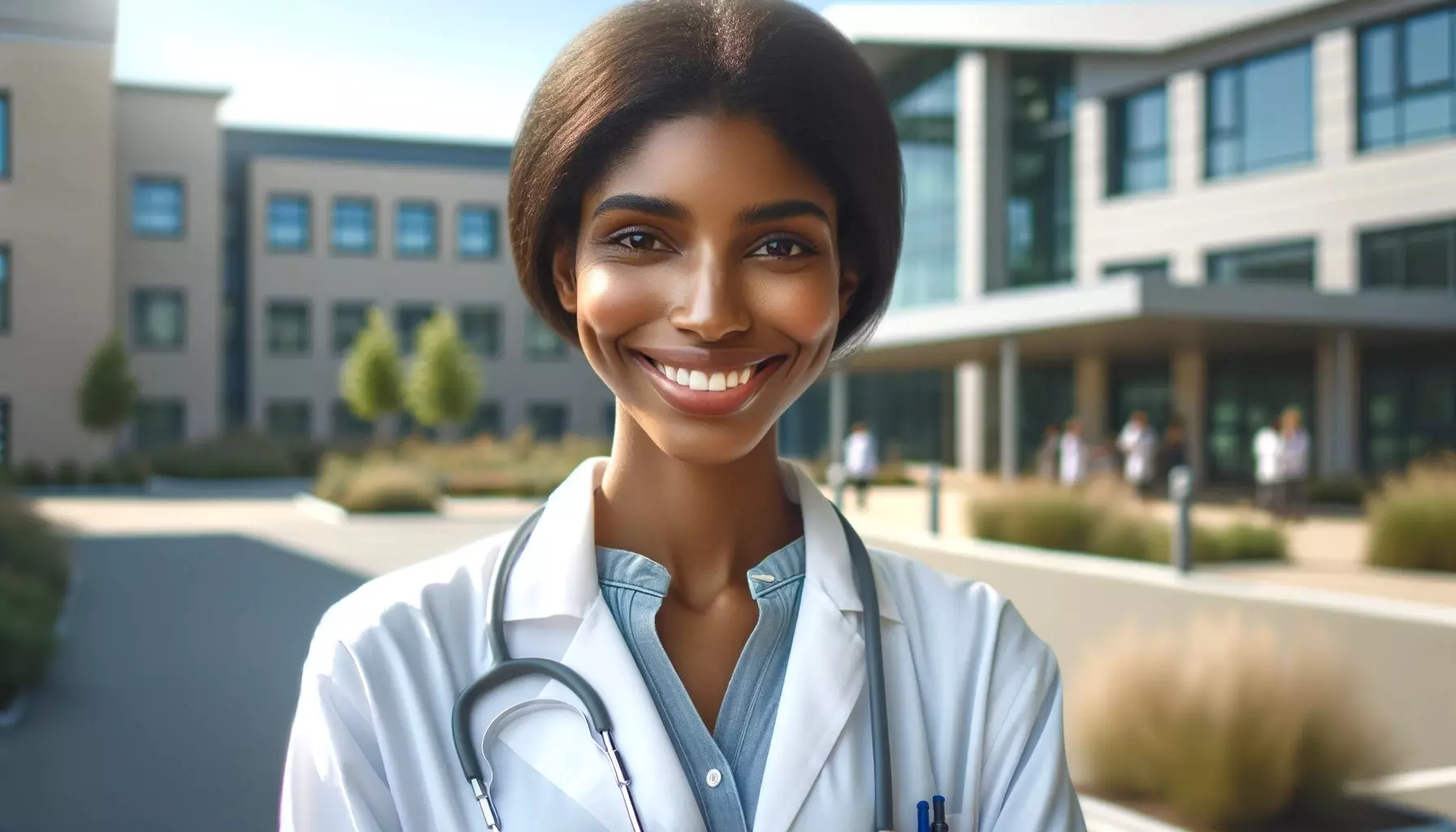 A smiling middle-aged African-American female doctor standing in front of a hospital on a clear day.