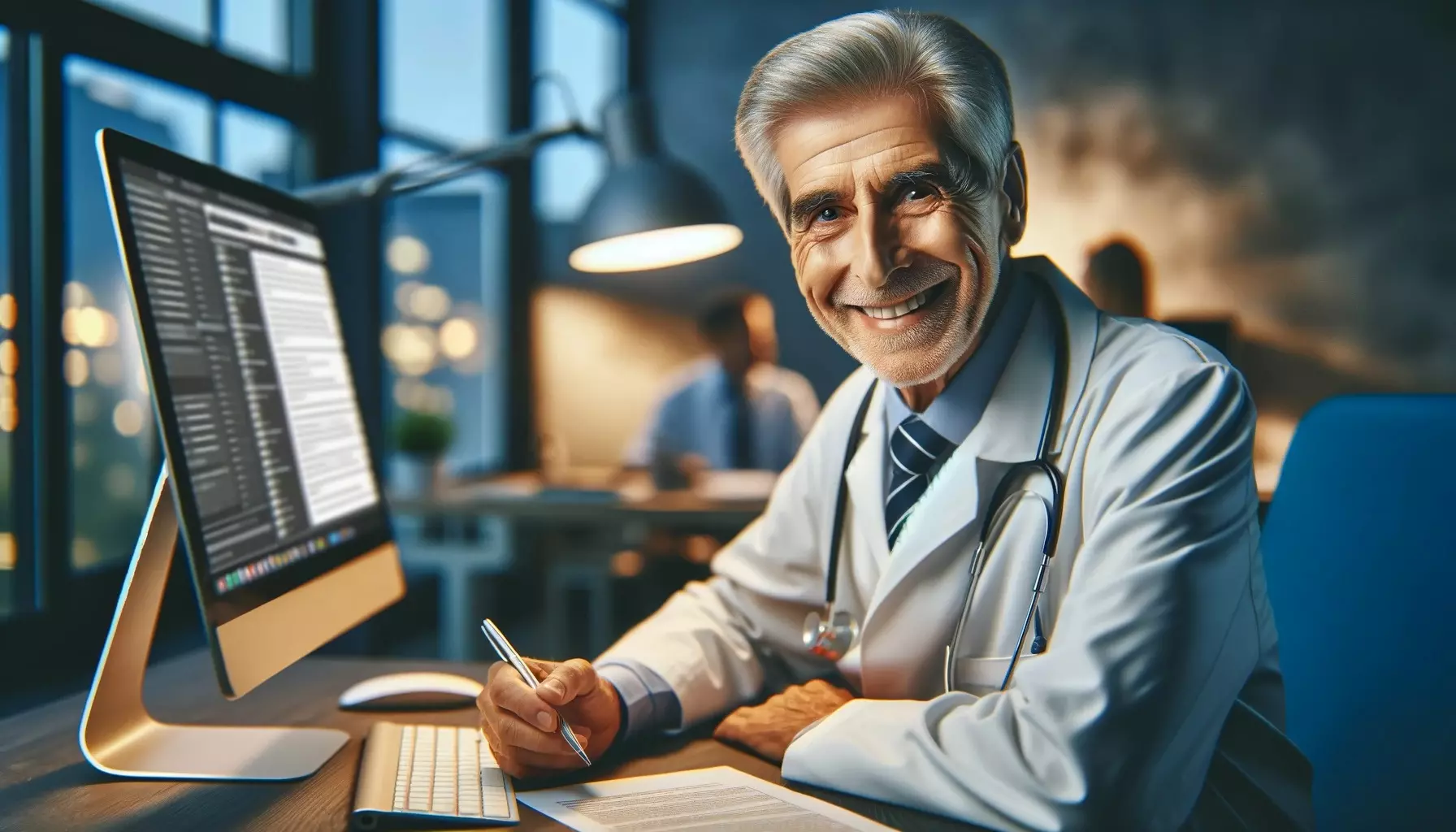 A smiling elderly male doctor sitting next to a computer with evening indoor lighting and professional environment while writing down notes on a paper.