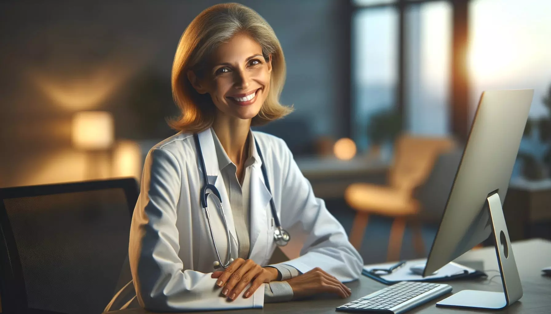 A smiling middle-aged female doctor sitting at her office table next to a computer with evening indoor lighting and professional environment.